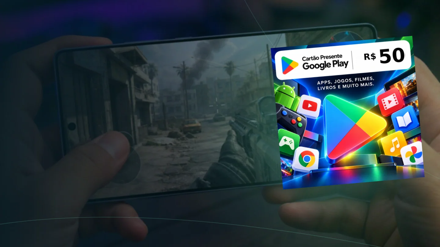 Arte editorial da PlayGamesCard Nova sobre google play credits.